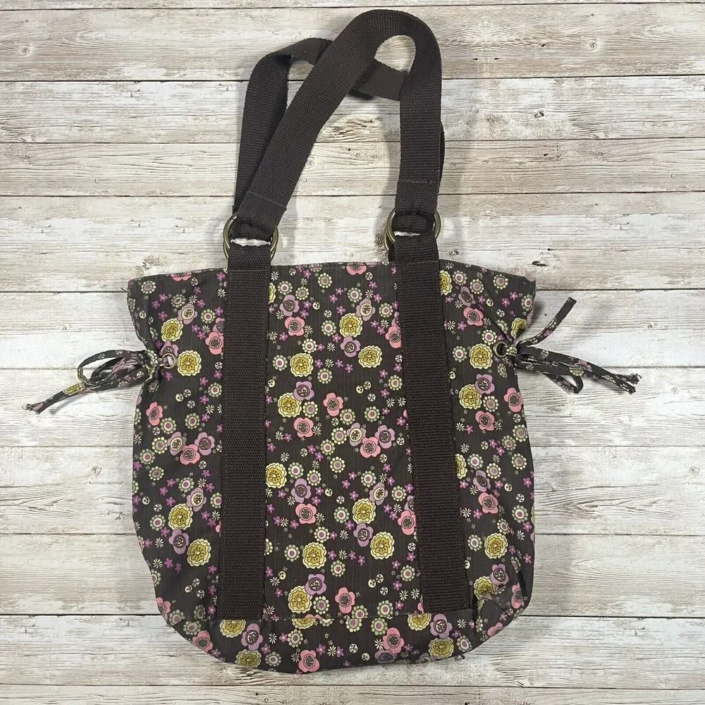 Everyday Shoulder Bag Brown Floral Button Closure, Boho, Cottagecore, Pockets